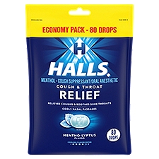 Halls Cough & Throat Relief Mentho-Lyptus Flavor Cough Drops Economy Pack, 80 Drops, 80 Each