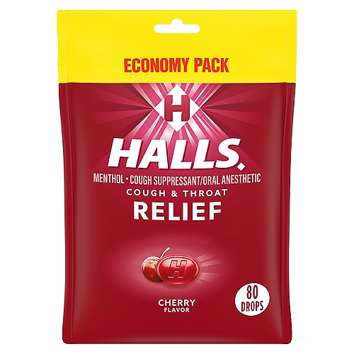 Halls Relief Cherry Flavor Menthol Drops Economy Pack, 80 DropsnOne package of 80 HALLS Relief Cherry Cough Drops (packaging may vary)nCold relief drops relieve coughs, soothes sore throats and cools nasal passagesnUse sore throat drops with allergy medication for added reliefnCooling drops contain 5.8 mg of menthol per drop to relieve symptomsnRefreshing and enjoyable cherry flavor