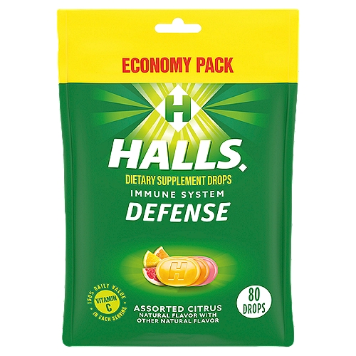 Halls Defense Assorted Citrus Dietary Supplement Economy Pack, 80 count
One economy package of 80 HALLS Defense Assorted Citrus Vitamin C Drops
Dietary supplement contains vitamin C as an immune system booster
Citrus drops contain 135 mg of vitamin C in each two drop serving (150% daily value vitamin C in each serving)
Tasty and refreshing assorted citrus flavors
Take two drops by mouth daily, but do not exceed six drops per day