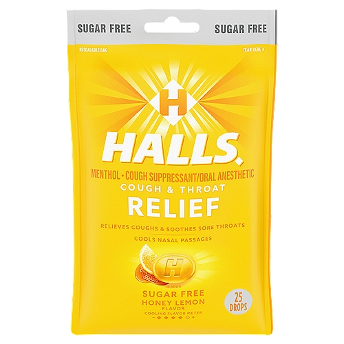 Halls Relief Sugar Free Honey Lemon Flavor Cough Drops, 25 countnOne bag of 25 HALLS Relief Honey Lemon Sugar Free Cough Drops (packaging may vary)nRelieves coughs, soothes sore throats and cools nasal passagesnSugar free cough drops accommodate various dietary preferencesnContains 7.6 mg of menthol per drop to relieve symptomsnIndividually wrapped drops in a resealable bag make it easy to take with you