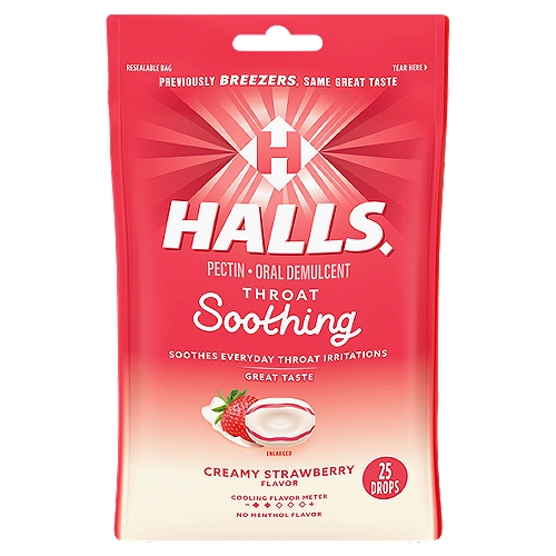HALLS Breezers Creamy Strawberry Throat Drops 25 Drops
HALLS Breezers Throat Drops soothe everyday throat irritations
HALLS Breezers contain 7 mg of Pectin in each drop
Enjoy the great-tasting Creamy Strawberry flavor
HALLS Breezers are also available in an variety of flavors and sugar free options
This order includes one 25 ct. bag of HALLS Breezers Creamy Strawberry Throat Drops

Drug Facts
Active ingredient (per drop) - Purpose
Pectin 7 mg - Oral demulcent

Uses
Temporarily relieves the following symptoms associated with sore mouth and sore throat:
■ minor discomfort
■ irritated areas