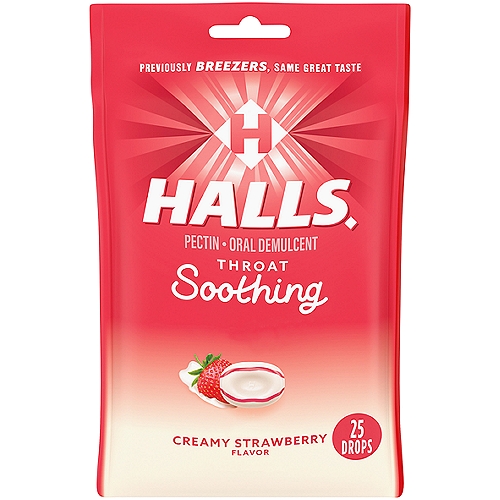 One package of 25 HALLS Throat Soothing (Formerly HALLS Breezers) Creamy Strawberry Throat Drops (packaging may vary)
Sore throat lozenges soothe everyday throat irritations
Contains 7 mg of pectin per sore throat drop
Take one drop by mouth, and repeat as needed for maximum relief
Individually wrapped drops in resealable bags make them easy to take with you