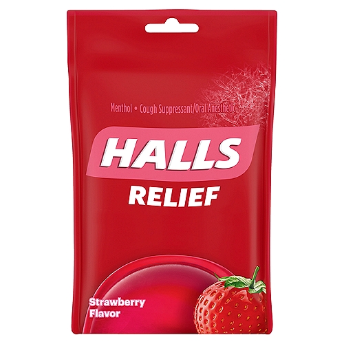 HALLS Relief Strawberry Flavor Cough Drops, 1 Bag (30 Total Drops)
Includes one 30 piece pack of HALLS Strawberry Cough Drops
HALLS fights coughs and soothes sore throats
Enjoy the Strawberry flavor of these drops
HALLS is available in a range of cooling sensations
HALLS helps you be prepared for whatever life throws or coughs, your wayIncludes one 30 piece pack of HALLS Strawberry Cough Drops
HALLS fights coughs and soothes sore throats
Enjoy the Strawberry flavor of these drops
HALLS is available in a range of cooling sensations
HALLS helps you be prepared for whatever life throws or coughs, your way

Drug Facts
Active ingredient (per drop) - Purposes
Menthol 2.7 mg - Cough suppressant, oral anesthetic

Uses
Temporarily relieves:
■ cough due to a cold
■ occasional minor irritation or sore throat