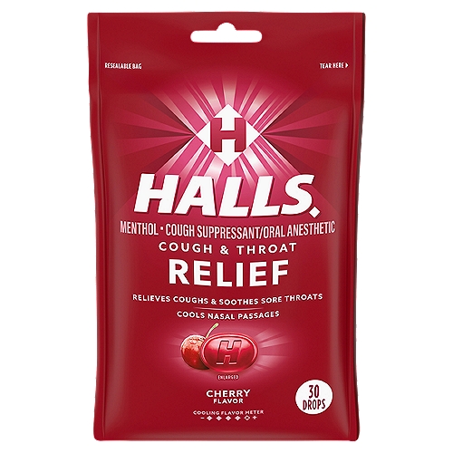 Halls Relief Cherry Flavor Menthol Drops, 30 countnOne package of 30 HALLS Relief Cherry Cough Drops (packaging may vary)nCold relief drops relieve coughs, soothe sore throats and cool nasal passagesnContains 5.8 mg of menthol per drop to relieve symptomsnUse sore throat drops with allergy medication for added reliefnIndividually wrapped drops in a resealable bag, making it easy to take anywhere