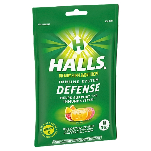 HALLS Defense Assorted Citrus Drops, 30 drops
Helps support the immune system‡
‡This Statement Has Not Been Evaluated by the Food and Drug Administration. This Product is Not Intended to Diagnose, Treat, Cure or Prevent Any Disease.

Assorted Citrus Halls Defense Vitamin C Supplement Drops are available in the following flavors: Lemon, pink grapefruit and orange.

HALLS Defense Dietary Supplement Drops provide an excellent source of antioxidant Vitamin C in each serving.
Enjoy the fruity taste of Assorted Citrus, Naturally & Artificially Flavored.
Resealable bag.
HALLS is available in an assortment of flavors, cooling sensations, and sugar free varieties.
This order includes one 30 ct. bag of HALLS Defense Assorted Citrus Dietary Supplement Drops.