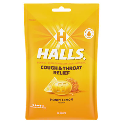 Halls Cough and Throat Relief Honey Lemon Cough Drops, No Synthetic Dyes, FSA/HSA Eligible, 30 Drops, 30 Each