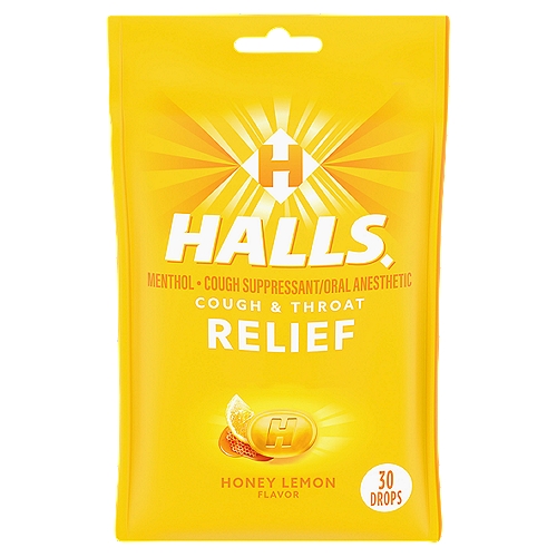 HALLS Relief Honey Lemon Flavor Cough Drops, 1 Bag (30 Total Drops)
Includes one 30 ct. bag of HALLS Honey Lemon Flavor Cough Drops
Relieves coughs, soothes sore throats and cools nasal passages
Enjoy the Honey Lemon flavor of these drops
Contains 7.5 mg of menthol per drop to relieve symptoms
Resealable bag is easy to toss in your bag

Cooling Flavor Meter - 4

Drug Facts
Active ingredient (per drop) - Purposes
Menthol 7.5 mg - Cough suppressant, oral anesthetic

Uses
Temporarily relieves:
■ cough due to a cold
■ occasional minor irritation or sore throat