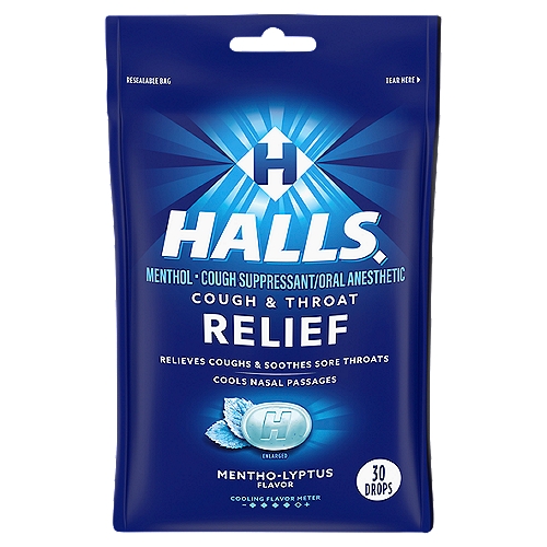 Halls Cough & Throat Relief Mentho-Lyptus Flavor Drops, 30 count
One package of 30 HALLS Relief Mentho-Lyptus Cough Drops
Relieves coughs, soothes sore throats and cools nasal passages
Contains 5.4 mg of menthol per drop to quickly relieve symptoms
Slowly dissolve one drop in mouth every two hours as needed for symptoms
Resealable bag is easy toss in your bag for convenient access whenever symptoms strike
