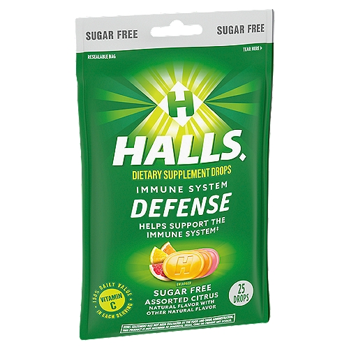 Halls Assorted Citrus Sugar Free Defense Dietary Supplement Drops, 25 count
Helps Support the Immune System‡
‡This Statement Has Not Been Evaluated by the Food and Drug Administration. This Product is Not Intended to Diagnose, Treat, Cure or Prevent any Disease.

Food Choice for Diabetes*: 1 Free food choice per 2 drop serving.
*Based on Choose Your Foods: Food Lists for Diabetes, ©2014 Academy of Nutrition and Dietetics.

Assorted Citrus Halls Defense Vitamin C Supplement Drops are available in the following flavors: lemon, pink grapefruit and orange.