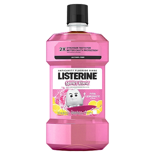 LISTERINE Smart Rinse Pink Lemonade Flavor Anticavity Fluoride Rinse, 16.9 fl oz
Sodium Fluoride & Acidulated Phosphate Topical Solution

2x Stronger Teeth for Better Cavity Protection*
*with brushing, in a lab study.

Drug Facts
Active ingredient - Purpose
Sodium fluoride 0.02% (0.01% w/v fluoride ion) - Anticavity

Use
Aids in the prevention of dental cavities