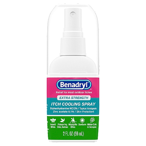 Benadryl Extra Strength Itch Cooling Spray, 2 fl oz
Topical Analgesic/Skin Protectant

Uses
■ temporarily relieves pain and itching associated with:
 ■ insect bites
 ■ minor burns
 ■ sunburn
 ■ minor skin irritations
 ■ minor cuts
 ■ scrapes
 ■ rashes due to poison ivy, poison oak, and poison sumac
■ dries the oozing and weeping of poison ivy, poison oak and poison sumac

Drug Facts
Active ingredients - Purpose
Diphenhydramine HCl 2% - Topical analgesic
Zinc acetate 0.1% - Skin protectant