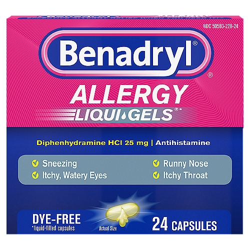 Benadryl Allergy Dye-Free Liqui-Gels, 24 count
Benadryl Liqui-Gels Antihistamine Allergy Medicine & Cold Symptom Relief, Dye-Free Liquid Gelcaps with 25 mg of Diphenhydramine HCl for Symptoms Such As Runny Nose, Sneezing & More, 24 ct

Benadryl Dye-Free Liqui-Gels Antihistamine Allergy Medicine temporarily relieve the symptoms associated with hay fever or other upper respiratory allergies as well as the common cold. Each of these liquid gels contains 25 mg of the antihistamine diphenhydramine HCl to temporarily treat allergy symptoms of sneezing, runny nose, itchy nose or throat, and itchy, watery eyes, and the cold symptoms of sneezing and runny nose. This allergy medicine has a dye-free formula and the Benadryl liquid capsules are intended for adults and children ages six and up to relieve indoor and outdoor allergy symptoms.

 • Benadryl Dye-Free Liqui-Gels Antihistamine Allergy Medicine to temporarily relieve allergy symptoms
 • Allergy capsules provide multi-symptom allergy relief and cold symptom relief
 • Contains 25mg of the powerful antihistamine diphenhydramine HCl 25 mg per liquid gelcap
 • Relieves allergy symptoms of sneezing, runny nose, itchy nose or throat, and itchy, watery eyes
 • Relieves cold symptoms of sneezing and runny nose to provide more than just allergy relief
 • Antihistamine tablets that work to put your hay fever or other upper respiratory allergy symptoms to rest
 • Dye-free formula free of added colors offers effective indoor and outdoor allergy symptom relief
 • Allergy relief suitable for adults and children ages 6 and up that works when you need it most

Liqui-Gels®*
*liquid-filled capsules

Drug Facts
Active ingredient (in each capsule) - Purpose
Diphenhydramine HCl 25 mg - Antihistamine

Uses
■ temporarily relieves these symptoms due to hay fever or other upper respiratory allergies:
 ■ runny nose
 ■ sneezing
 ■ itchy, watery eyes
 ■ itching of the nose or throat
■ temporarily relieves these symptoms due to the common cold:
 ■ runny nose
 ■ sneezing