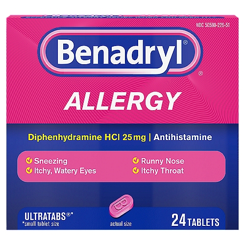 Benadryl Ultratabs Allergy Tablets, 24 count
Benadryl Ultratabs Antihistamine Allergy Relief Medicine, 25 mg Diphenhydramine HCl Tablets For Relief of Allergy Symptoms Due to Hay Fever, Upper Respiratory Allergies & More, 24 ct

Benadryl Allergy Ultratabs Antihistamine Allergy Relief Tablets offer effective allergy relief from hay fever, upper respiratory allergy and common cold symptoms in a small tablet size. Each antihistamine tablet contains 25 milligrams of the antihistamine diphenhydramine HCl to temporarily relieve allergy symptoms due to hay fever and upper respiratory allergies like sneezing; runny nose; itchy throat and nose; and itchy, watery eyes and the common cold symptoms of runny nose and sneezing. Benadryl Ultratabs with diphenhydramine HCl 25 mg are intended for adults and children ages six and up. The allergy tablets work when you need it most and provide multi-symptom indoor and outdoor allergy relief.

 • Benadryl Ultratabs Allergy Relief Tablets each with 25 mg of the antihistamine diphenhydramine HCl
 • Provides temporary allergy symptom relief for sneezing; runny nose; itchy nose or throat; and itchy, watery eyes
 • Provides relief of cold symptoms like sneezing & runny nose for more than just allergy relief
 • Allergy medicine suitable to treat adults and children ages 6 and up for multi-symptom allergy relief
 • Active ingredient, diphenhydramine HCl, provides effective relief for allergy symptoms and cold symptoms
 • Offers hay fever, upper respiratory allergy & cold symptom relief with the help of an antihistamine
 • Convenient, small antihistamine tablets offer powerful relief to put your allergies to rest
 • For relief of indoor & outdoor allergies, take 1-2 tablets every 4-6 hours or as directed by doctor

Ultratabs®*
*small tablet size

Drug Facts
Active ingredient (in each tablet) - Purpose
Diphenhydramine HCl 25 mg - Antihistamine

Uses
■ temporarily relieves these symptoms due to hay fever or other upper respiratory allergies:
 ■ runny nose 
 ■ sneezing 
 ■ itchy, watery eyes 
 ■ itching of the nose or throat
■ temporarily relieves these symptoms due to the common cold: 
 ■ runny nose
 ■ sneezing