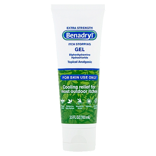 Benadryl Extra Strength Itch Stopping Gel, 3.5 fl oz
Diphenhydramine Hydrochloride Topical Analgesic

Use
■ temporarily relieves pain and itching associated with:
 ■ insect bites
 ■ minor burns
 ■ sunburn
 ■ minor cuts
 ■ scrapes
 ■ minor skin irritations
 ■ rashes due to poison ivy, poison oak, and poison sumac

Drug Facts
Active ingredient - Purpose
Diphenhydramine HCl 2% - Topical analgesic