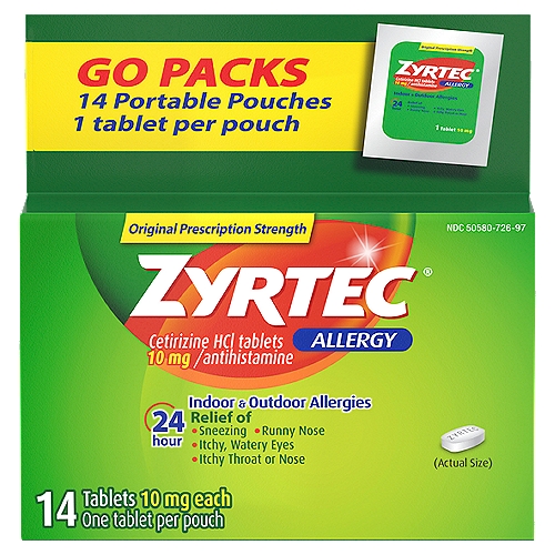 Zyrtec Original Prescription Strength Allergy Cetrizine HCl Tablets Go Packs, 10 mg, 14 count
Drug Facts
Active ingredient (in each tablet) - Purpose
Cetirizine HCl 10 mg - Antihistamine

Uses
Temporarily relieves these symptoms due to hay fever or other upper respiratory allergies:
■ runny nose
■ sneezing
■ itchy, watery eyes
■ itching of the nose or throat