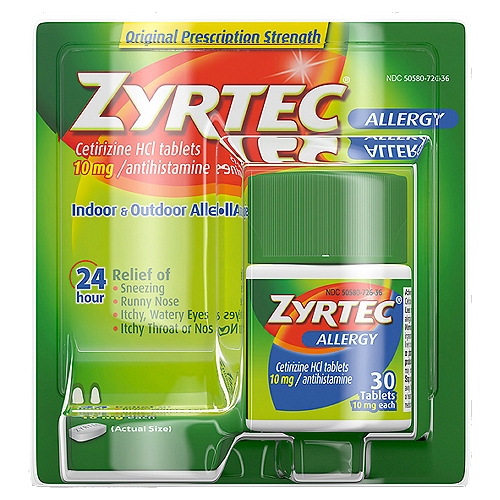 Zyrtec Indoor + Outdoor Allergies Cetrizine HCl Tablets, 10 mg, 30 count
Drug Facts
Active ingredient (in each tablet) - Purpose
Cetirizine HCI 10 mg - Antihistamine

Uses
Temporarily relieves these symptoms due to hay fever or other upper respiratory allergies:
⯀ runny nose
⯀ sneezing
⯀ itchy, watery eyes
⯀ itching of the nose or throat