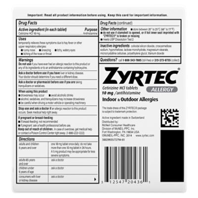 Zyrtec Indoor + Outdoor Allergies Cetrizine HCl Tablets, 10 mg, 30