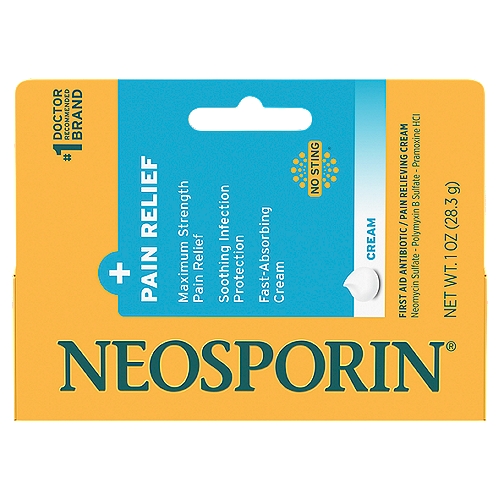 Neosporin + Pain Relief Cream, 1 oz
First Aid Antibiotic/Pain Relieving Cream

Dual Action Cream
⚬ Soothing infection protection
⚬ Maximum strength pain relief

Uses
First aid to help prevent infection and for the temporary relief of pain in minor:
■ cuts
■ scrapes
■ burns

Drug Facts
Active ingredients (in each gram) - Purpose
Neomycin sulfate (3.5 mg), Polymyxin B sulfate (10,000 units) - First aid antibiotic
Pramoxine HCl (10 mg) - External analgesic
