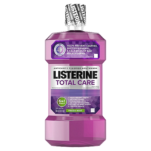 LISTERINE Total Care Fresh Mint Anticavity Fluoride Mouthwash, 16.9 fl oz
For a Complete Routine

6 in 1 Benefits
1. Helps Prevent Cavities
2. Restores Enamel
3. Strengthens Teeth
4. Kills Bad Breath Germs
5. Cleans the Whole Mouth
6. Freshens Breath

Drug Facts
Active ingredient - Purpose
Sodium fluoride 0.02% (0.01% w/v fluoride ion) - Anticavity

Use
Aids in the prevention of dental cavities