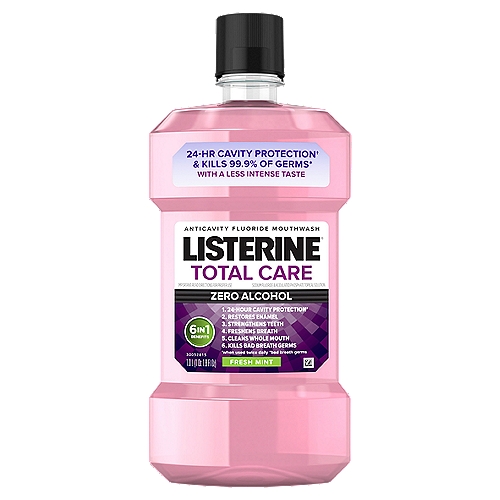LISTERINE Total Care Zero Alcohol Fresh Mint Anticavity Fluoride Mouthwash, 33.8 fl oz
Use 2x a day to:
■ Help prevent cavities
■ Restore enamel
■ Strengthen teeth
■ Kill bad breath germs
■ Freshen breath
■ Clean the whole mouth

Drug Facts
Active Ingredient - Purpose
Sodium fluoride (0.02%) (0.01% w/v fluoride ion) - Anticavity

Use
Aids in the prevention of dental cavities
