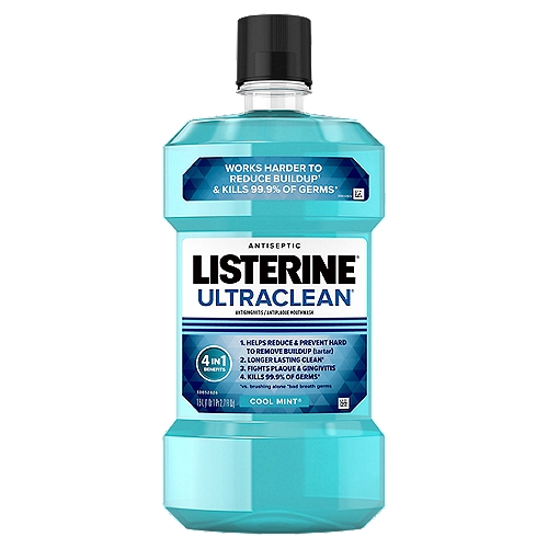 Listerine Ultraclean Cool Mint Antiseptic Mouthwash, 1 qt 1 pt 2.7 fl oz
For Up to a 3x Longer Lasting Clean Feeling*
* vs. brushing alone

Listerine Ultraclean® with Everfresh® Technology has the benefits of Original Listerine® Antiseptic with an added tartar control ingredient. Plus, it provides up to a 3x longer lasting clean feeling versus brushing alone.

Drug Facts
Active ingredients - Purposes
Eucalyptol (0.092%), menthol (0.042%), menthyl salicylate (0.060%) thymol (0.064%) - Antiplaque/antigingivitis

Uses
Helps prevent and reduce:
• plaque
• gingivitis