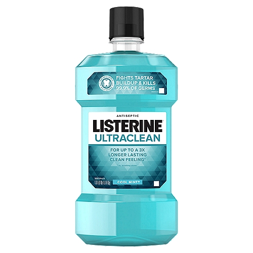 LISTERINE Ultraclean Cool Mint Antiseptic Mouthwash, 33.8 fl oz
For Up to a 3x Longer Lasting Clean Feeling*
* vs. brushing alone

Listerine Ultraclean® with Everfresh® technology has the benefits of Original Listerine® antiseptic with an added tartar control ingredient. Plus, it provides up to a 3x longer lasting clean feeling versus brushing alone.

Drug Facts
Active ingredients - Purposes
Eucalyptol (0.092%), menthol (0.042%), methyl salicylate (0.060%), thymol (0.064%) - Antiplaque/antigingivitis

Uses
Helps prevent and reduce:
• plaque
• gingivitis