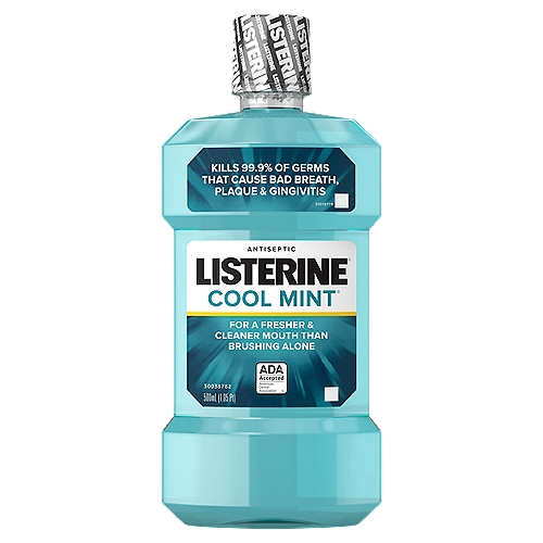 LISTERINE Cool Mint Antiseptic Mouthwash, 1.05 pt
Drug Facts
Active ingredients - Purposes
Eucalyptol 0.092%, menthol 0.042%, methyl salicylate 0.060%, thymol 0.064% - Antiplaque/antigingivitis

Uses
Helps prevent and reduce
• plaque
• gingivitis