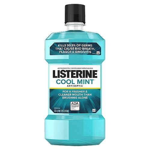 LISTERINE Cool Mint Antiseptic Mouthwash, 1 qt 1pt 2.7 fl oz
Clinically Proven. Kills germs by millions on contact.

Use Cool Mint® Listerine® Antiseptic twice daily to help:
■ Prevent & reduce plaque
■ Prevent & reduce gingivitis
■ Freshen breath
■ Kill germs between teeth

Drug Facts
Active ingredients - Purposes
Eucalyptol 0.092%, Menthol 0.042%, Methyl Salicylate 0.060%, Thymol 0.064% - Antiplaque/antigingivitis

Uses
Helps prevent and reduce:
• plaque
• gingivitis