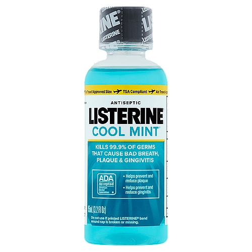Listerine Cool Mint Antiseptic Mouthwash, 3.2 fl oz
Drug Facts
Active ingredients - Purposes
Eucalyptol 0.092%, menthol 0.042%, methyl salicylate 0.060%, thymol 0.064% - Antiplaque/antigingivitis

Uses
Helps prevent and reduce:
• plaque
• gingivitis