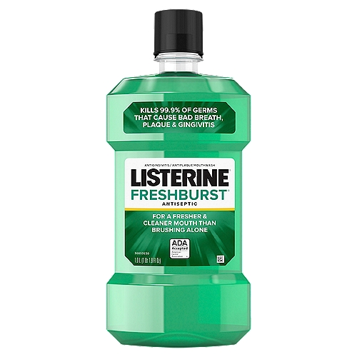 LISTERINE Freshburst Antiseptic Mouthwash, 1 qt 1.8 fl oz
Use Listerine® Freshburst® Antiseptic twice daily to help:
■ Prevent & reduce plaque
■ Prevent & reduce gingivitis
■ Freshen breath
■ Kill germs between teeth

Drug Facts
Active ingredients - Purposes
Eucalyptol 0.092%, Menthol 0.042%, Methyl Salicylate 0.060%, Thymol 0.064% - Antiplaque/antigingivitis

Uses
Helps prevent and reduce:
• plaque
• gingivitis