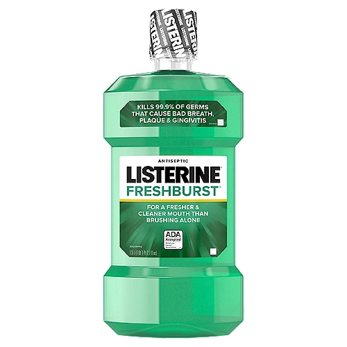 Listerine Freshburst Antiseptic Mouthwash, 2.7 fl oz
Use Listerine® Freshburst® Antiseptic twice daily to help:
■ Prevent & reduce plaque
■ Prevent & reduce gingivitis
■ Freshen breath
■ Kill germs between teeth

Drug Facts
Active ingredients - Purposes
Eucalyptol (0.092%), menthol (0.042%), methyl salicylate (0.060%), methyl salicylate (0.060%), thymol (0.064%) - Antiplaque/antigingivitis

Uses
helps prevent and reduce:
• plaque
• gingivitis