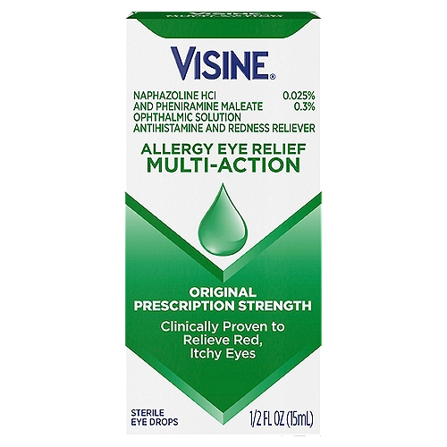 Visine Allergy Eye Relief Multi-Action Eye Drops, 1/2 fl oz
Drug Facts
Active ingredients - Purpose
Naphazoline HCI 0.025% - Redness reliever
Pheniramine maleate 0.3%- Antihistamine

Use
Temporarily relieves itchy, red eyes due to:
• pollen
• ragweed
• grass
• animal hair and dander