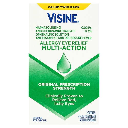 Visine Multi-Action Allergy Eye Relief Sterile Eye Drops Value Twin Pack, 1/2 fl oz, 2 count
Ophthalmic Solution Antihistamine and Redness Reliever

Use
Temporarily relieves itchy, red eyes due to:
• pollen
• ragweed
• grass
• animal hair and dander

Active ingredients - Purpose
Naphazoline HCI 0.025% - Redness reliever
Pheniramine maleate 0.3%- Antihistamine