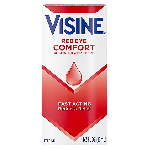 Visine Red Eye Comfort Redness Reliever Eye Drops, 1/2 fl oz
Drug Facts
Active ingredient - Purpose
Tetrahydrozoline HCl 0.05% - Redness reliever

Use
• for the relief of redness of the eye due to minor eye irritations
