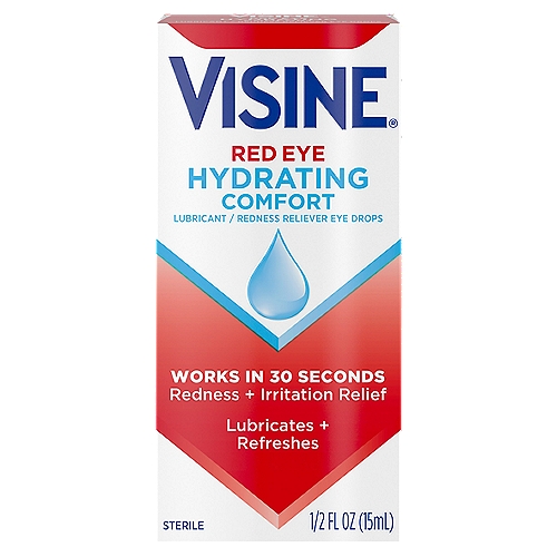 Visine Red Eye Hydrating Comfort Redness Reliever Eye Drops, 1/2 fl oz
Drug Facts
Active ingredients - Purpose
Polyethylene glycol 400 1% - Lubricant
Tetrahydrozoline HCl 0.05% - Redness reliever

Uses
• for the relief of redness of the eye due to minor eye irritations
• for the temporary relief of burning, irritation, and discomfort due to dryness of the eye or exposure to wind or sun
• for use as a protectant against further irritation or to relieve dryness of the eye