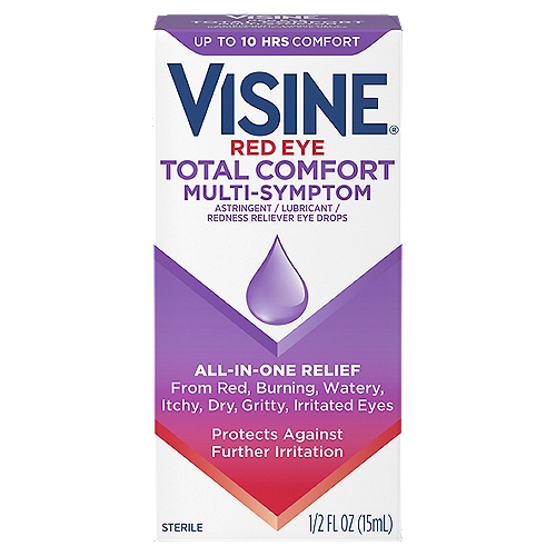 Visine Red Eye Total Comfort Multi-Symptom Eye Drops, 1/2 fl oz
Drug Facts
Active ingredients - Purpose
Polyethylene glycol 400 1% - Lubricant
Tetrahydrozoline HCI 0.05% - Redness reliever
Zinc sulfate 0.25% - Astringent

Uses
• for the temporary relief of discomfort and redness of the eye due to minor eye irritations
• relieves dryness of the eye
• for the temporary relief of burning and irritation due to exposure to wind or sun
• for protection against further irritation