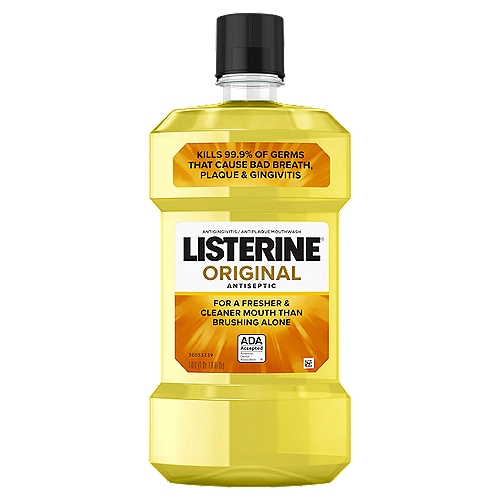 LISTERINE Original Antiseptic Mouthwash, 1 qt 1.8 fl oz
Use Listerine® Antiseptic twice daily to help:
■ Prevent & reduce plaque
■ Prevent & reduce gingivitis
■ Freshen breath
■ Kill germs between teeth

Drug Facts
Active ingredients - Purposes
Eucalyptol 0.092%, Menthol 0.042%, Methyl salicylate 0.060%, Thymol 0.064% - Antiplaque/antigingivitis

Uses
Helps prevent and reduce:
• plaque
• gingivitis