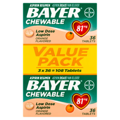 Bayer Orange Flavored Low Dose Aspirin Regimen Chewable Tablets Value Pack, 81 mg, 36 count, 3 pack, 108 Each