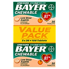 Bayer Orange Flavored Low Dose Aspirin Regimen Chewable Tablets Value Pack, 81 mg, 36 count, 3 pack