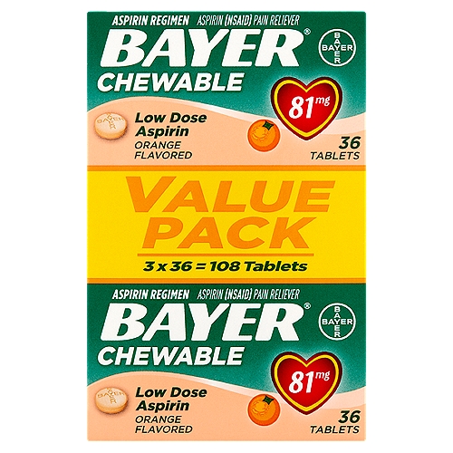 Bayer Orange Flavored Low Dose Aspirin Regimen Chewable Tablets Value Pack, 81 mg, 36 count, 3 pack
Aspirin (NSAID) Pain Reliever

Uses
• for the temporary relief of minor aches and pains or as recommended by your doctor
• ask your doctor about other uses for Bayer 81 mg Orange Chewable Aspirin

Drug Facts
Active ingredient (in each chewable tablet) - Purpose
Aspirin 81 mg (NSAID)* - Pain reliever
*nonsteroidal anti-inflammatory drug