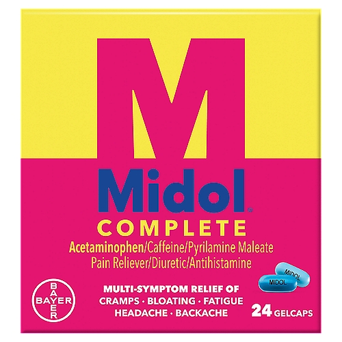 Midol Complete Gelcaps, 24 count
Drug Facts
Active ingredients (in each gelcap) - Purpose
Acetaminophen 500 mg - Pain reliever
Caffeine 60 mg - Diuretic
Pyrilamine maleate 15 mg - Antihistamine

Uses
For the temporary relief of these symptoms associated with menstrual periods:
• cramps
• bloating
• water-weight gain
• headache
• backache
• muscle aches
• fatigue