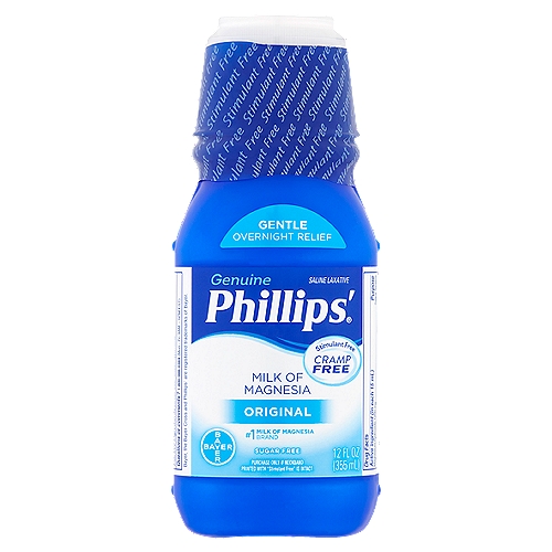 Phillips' Genuine Original Milk of Magnesia, 12 fl oz
Use
Relieves occasional constipation (irregularity). This product usually produces bowel movement in 1/2 to 6 hours.

Drug Facts
Active ingredient (in each 15 ml) - Purpose
Magnesium hydroxide 1200 mg - Saline laxative