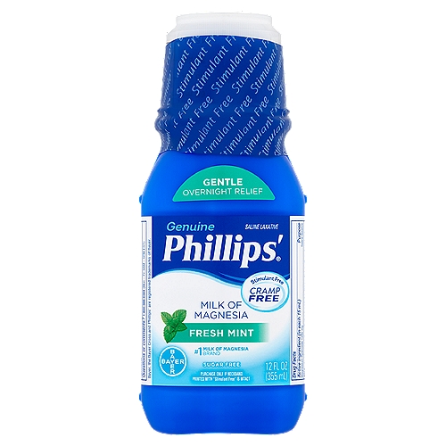Phillips' Genuine Saline Laxative Fresh Mint Milk of Magnesia, 12 fl oznUsenRelieves occasional constipation (irregularity). This product usually produces bowel movement in 1/2 to 6 hours.nnDrug FactsnActive ingredient (in each 15 mL) - PurposenMagnesium hydroxide 1200 mg - Saline laxative