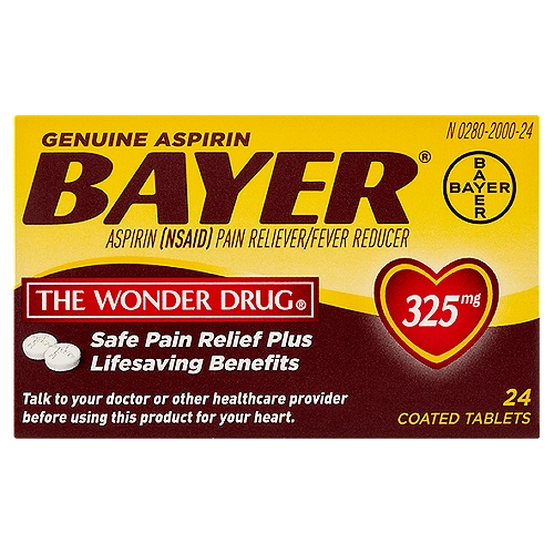 Bayer The Wonder Drug Genuine Aspirin Coated Tablets, 325 mg, 24 count
Aspirin (NSAID) Pain Reliever/Fever Reducer

Uses
• temporarily relives minor aches and pains due to:
 • headache
 • toothache
 • colds
 • muscle pain
 • menstrual pain
 • minor pain of arthritis
• temporarily reduces fever

Drug Facts
Active ingredients (in each tablet) - Purpose
Aspirin 325 mg (NSAID)* - Pain reliever
*nonsteroidal anti-inflammatory drug