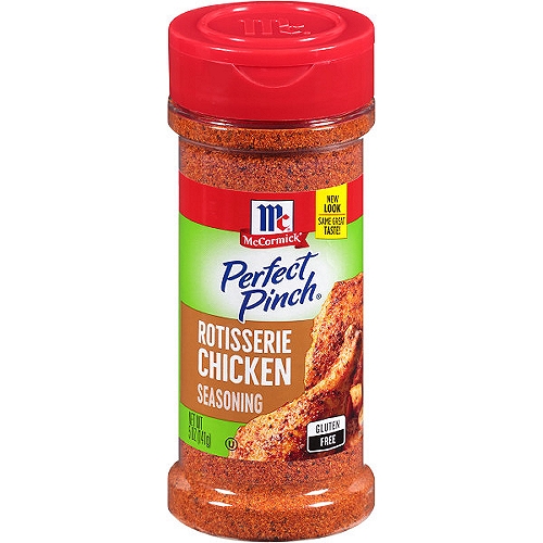 McCormick Perfect Pinch Rotisserie Chicken Seasoning, 5 oz
McCormick Perfect Pinch Rotisserie Chicken Seasoning is a balanced blend of onion, and real McCormick spices including paprika and garlic. Rub this savory seasoning on chicken to give it slow-roasted flavor and golden appearance without using a rotisserie. Bring deliciously hearty, roasted flavor to whole chicken and chicken pieces with our Rotisserie Chicken Seasoning. Great also for chicken salad as well as salmon and pork. Gluten free and made with no MSG added, this Perfect Pinch seasoning is a quick and easy way to give leaner boneless skinless chicken breasts the appetizing appearance and mouthwatering taste of a rotisserie. For fail-proof flavor, without the hassle, it comes in a convenient bottle with a flip-top for easy dispensing.