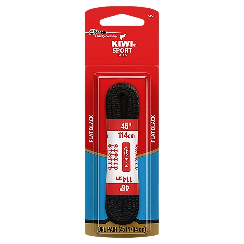 KIWI Sport Flat Laces, Black, 45'', 1 pair
KIWI Sport Laces are durable and stylish. The laces are strong, abrasion resistant and long lasting.

• Flat sport shoelaces
• Make a great replacement to keep on hand when your old laces wear out
• Durable construction
• Long-lasting use
• Solid black color pairs well with a variety of footwear