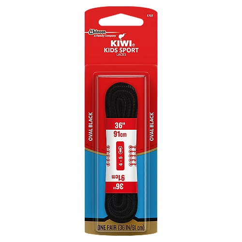 KIWI Kids Sport Oval Laces, Black, 36 in, 1 pair
KIWI Sport Oval Laces are perfect for athletic shoes. The shape of the laces allow for a superior hold and reduces the number of times you have to tie your shoes.

• Durable replacement laces
• Kiwi offers a complete line of quality constructed laces for all of your athletic shoes, boots, casual and dress shoes
• Made from synthetic fiber
• Oval shaped