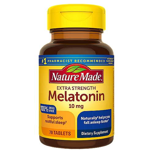 Nature Made Melatonin 10 mg Extra Strength Tablets, 70 Count
Dietary Supplement

Supports restful sleep†
Naturally‡ helps you fall asleep faster†
†These statements have not been evaluated by the Food and Drug Administration. This product is not intended to diagnose, treat, cure, or prevent any disease
‡Supplements melatonin, a hormone found naturally

Made to our guaranteed purity and potency standards.