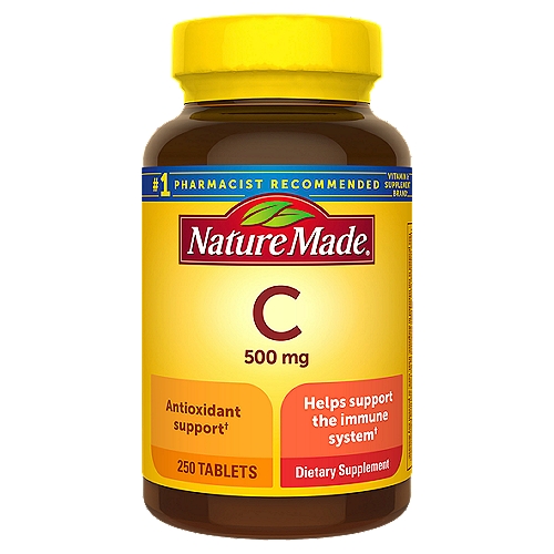 Nature Made Vitamin C 500 mg Tablets, 250 Count
Dietary Supplement

Antioxidant support†

Helps support the immune system†
†These statements have not been evaluated by the Food and Drug Administration. This product is not intended to diagnose, treat, cure, or prevent any disease.

Tableted and quality tested in the USA. Made to our guaranteed purity and potency standards.