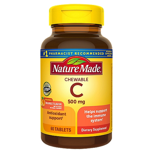 Nature Made Chewable Vitamin C 500 mg Tablets, 60 Count
Dietary Supplement

Antioxidant support†
Helps support the immune system†
†These statement has not been evaluated by the Food and Drug Administration. This product is not intended to diagnose, treat, cure, or prevent any disease.